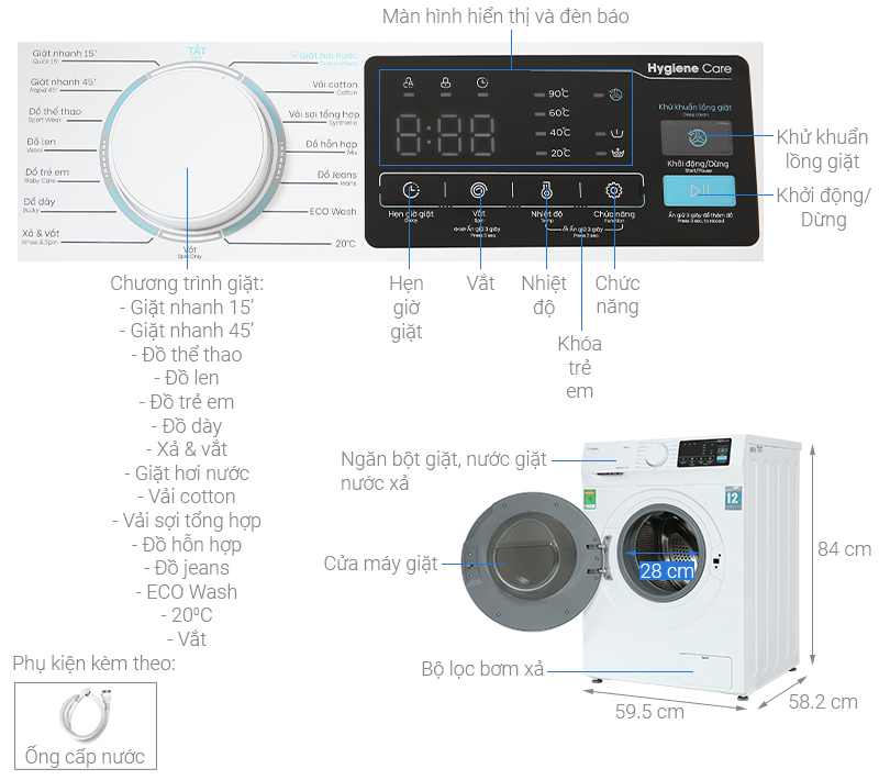Máy giặt Casper Inverter 9.5 KG WF-95I140BWC, Điện máy Hoàng Thái quận 12